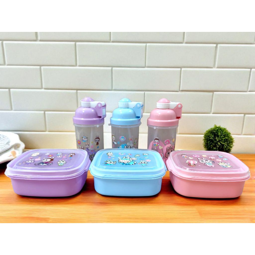 1 set lunch box dan botol minum karakter lucu kapasitas 500 ml