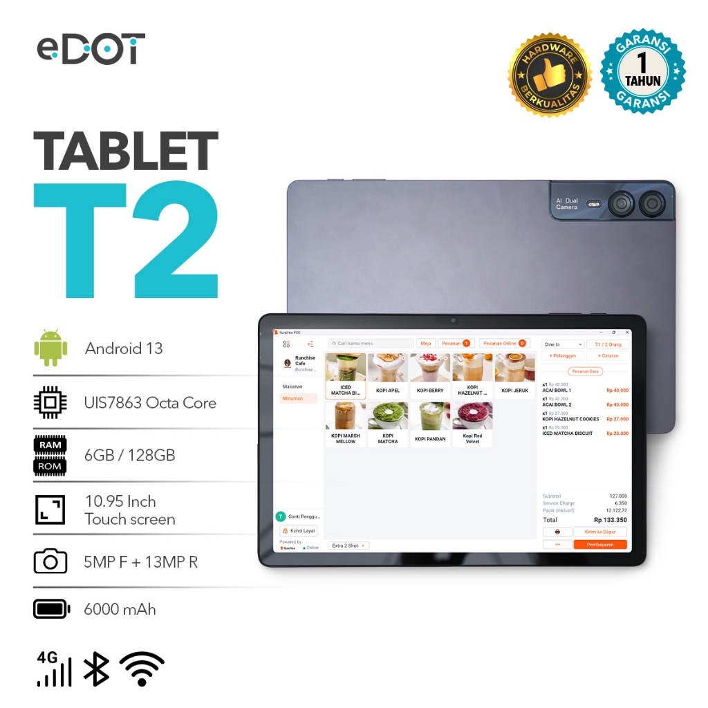 eDOT Tablet T2 - Tablet Kasir Android 10.95 Inch - 6GB RAM + 128GB ROM
