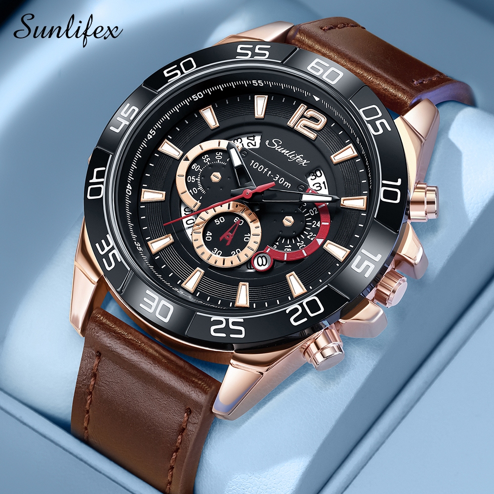 Sunlifex Jam Tangan Pria Quartz 9191 Kalender Olahraga Bercahaya Tali Kulit Jam Tangan Cowok