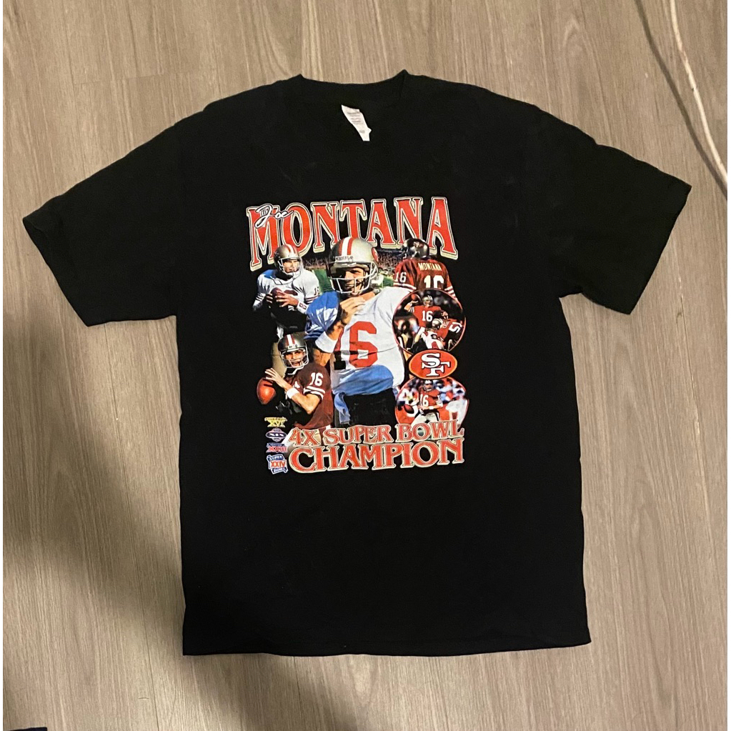 T-Shirt Custom Hitam Joe Montana NFL size L second bekas - Baju Kaos Heavyweight t