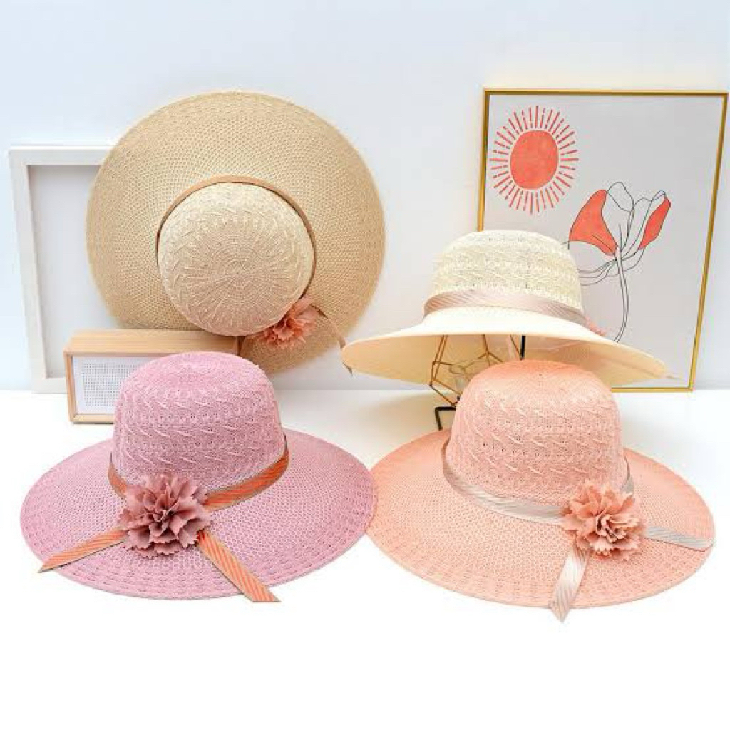 Topi pantai cewek bucket ruffle rumbia topi dewasa pelindung matahari kekinian