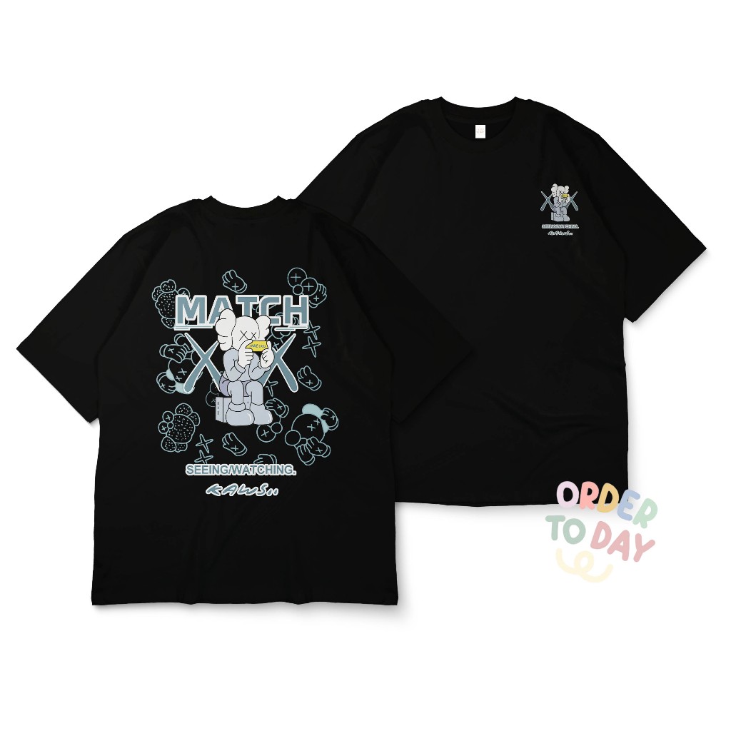 Order To Day T-shirt Oversize Kaws Match Kaos Pria Wanita Hitam Putih