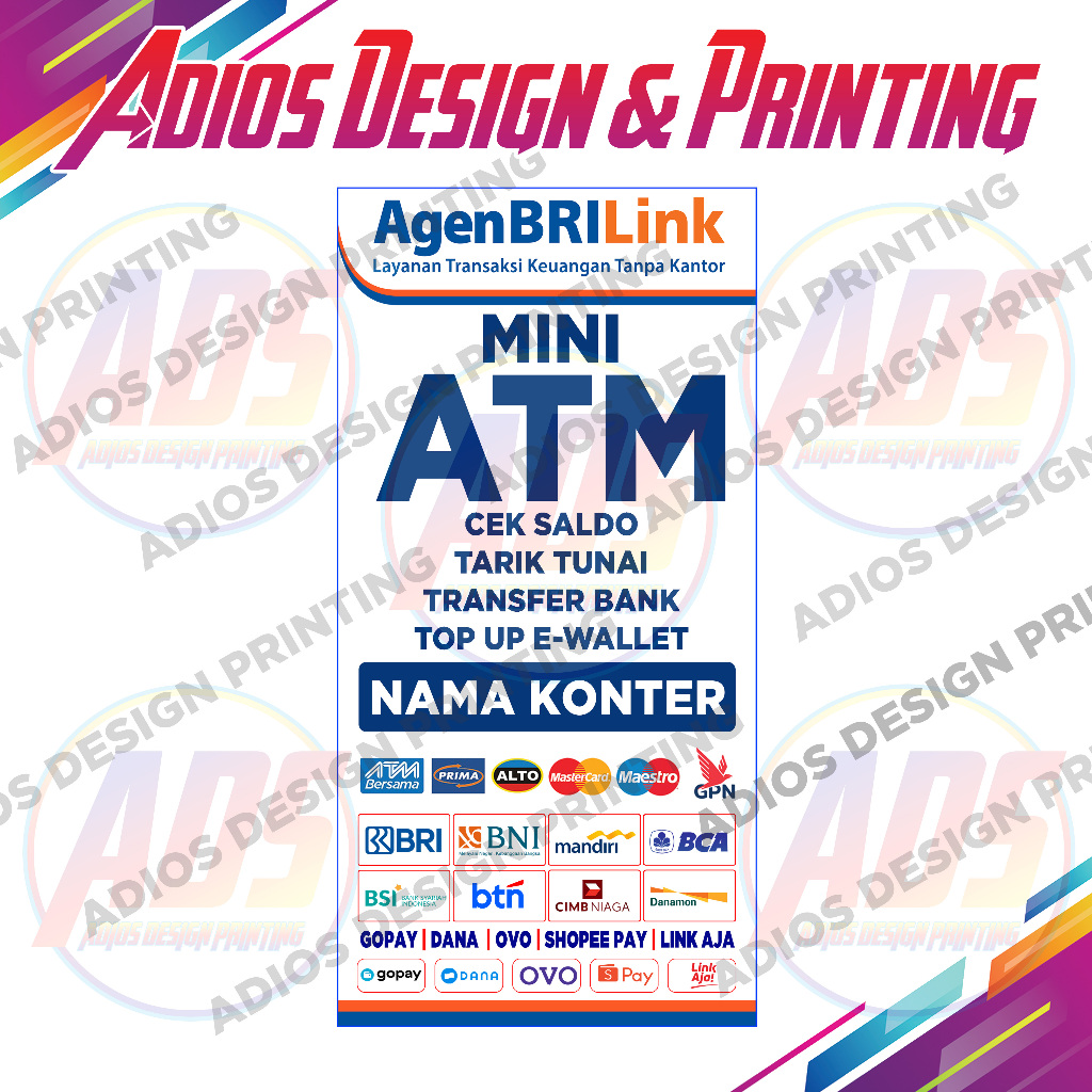 Spanduk Mini ATM & Agen BRILink | Banner Konter BRILink | Cetak Banner Flexy 280 GSM Ada Mata Ayam