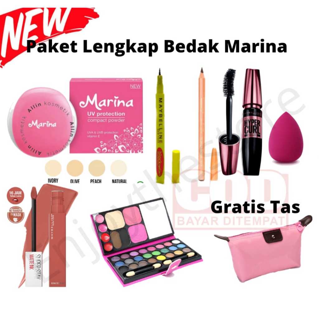 Paket Komsetik Marina Super Lengkap 6 in 1 / Paket MakeUp Marina 6 In 1 - Bedak Marina + Eyeshadow +