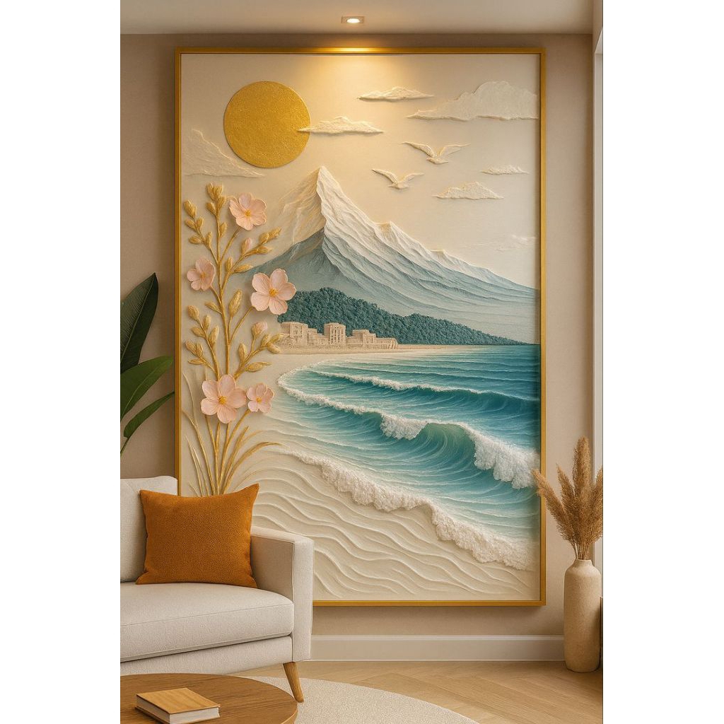 Lukisan dinding pemandangan gunung ombak jepang tekstur timbul inculude dekorasi ruangan