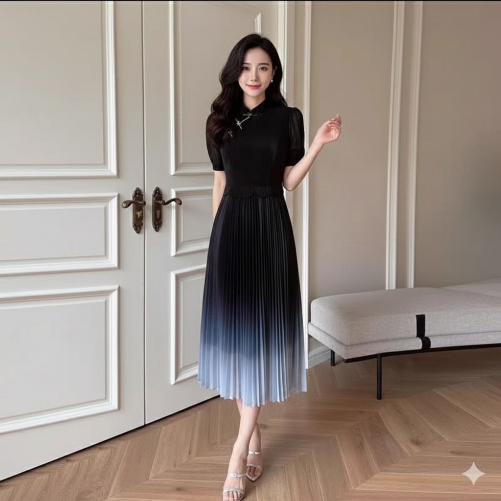 Dress Plisket Lengan Pendek Gradasi 7847/Dress Plisket Wanita Cantik RumahButikBellicia