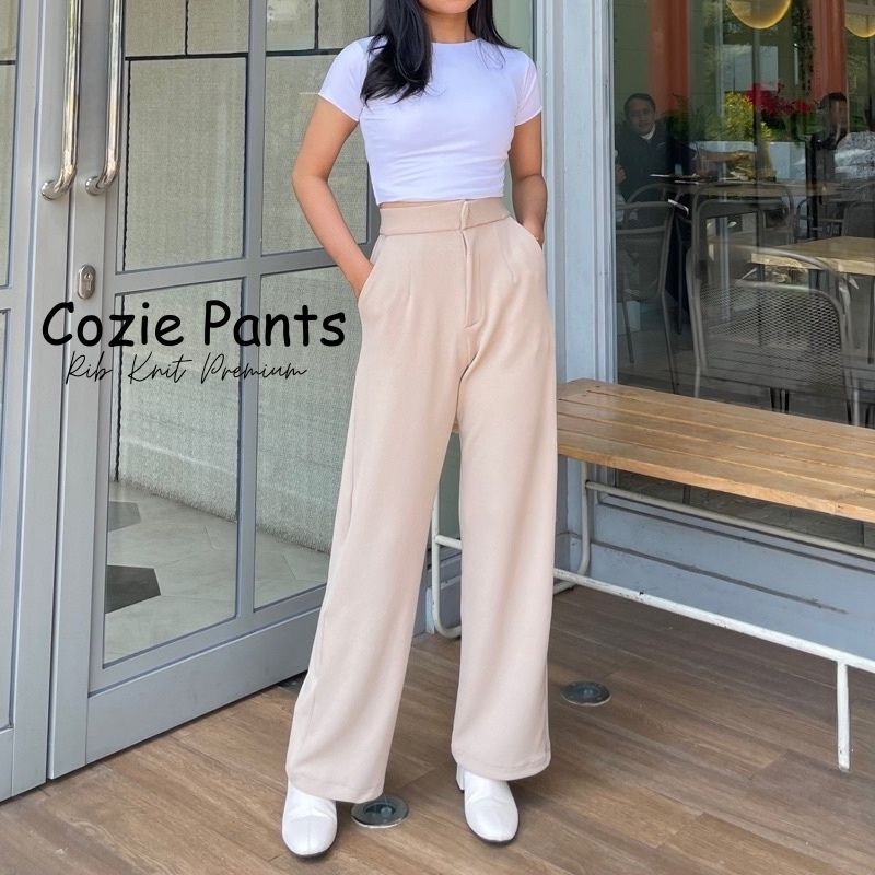 YOANA - Cozy Pants Rib Knit Celana Kulot Wanita Highwaist Panjang