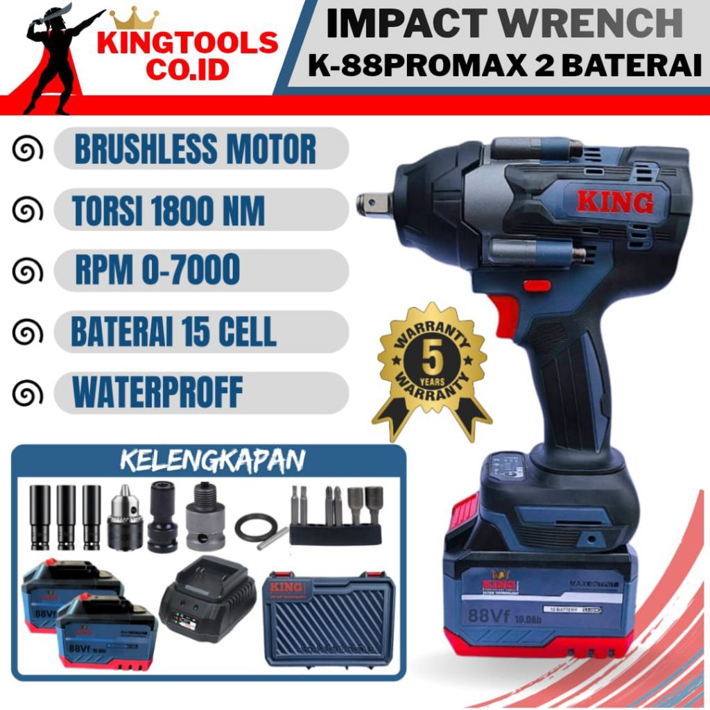 Mesin pembuka baut ban roda mobil King 88V Brushless impact wrench cordless baterai tanpa kabel impa
