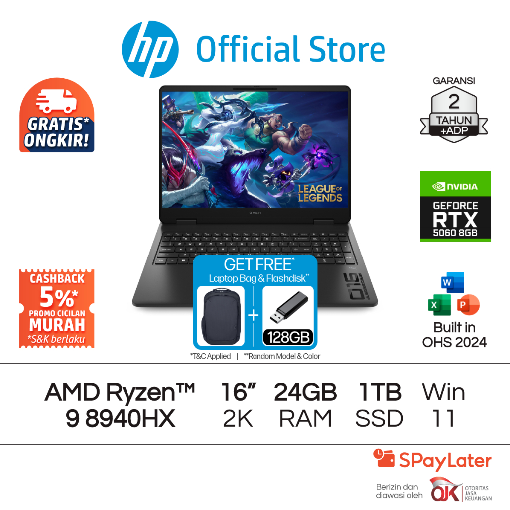 OMEN Laptop Gaming HP AMD Ryzen 9 NVIDIA GeForce RTX 5060 24GB RAM 1TB SSD Shadow Black Free Windows