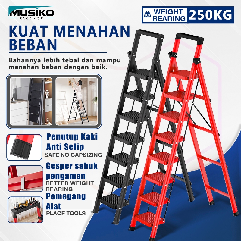 Musiko Tangga Lipat Besi/Aluminium Premium 3-8 Langkah | Kuat & Aman untuk Rumah & Proyek | Tahan Ka