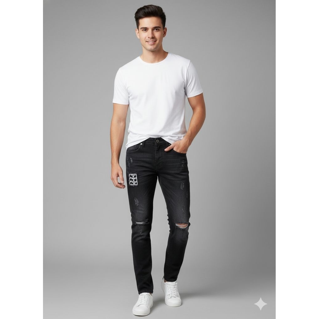 Celana panjang HUGO LIORIS sobek model slim-fit pensil/ Celana Jeans Panjang sobek  Cowok Dewasa Ori