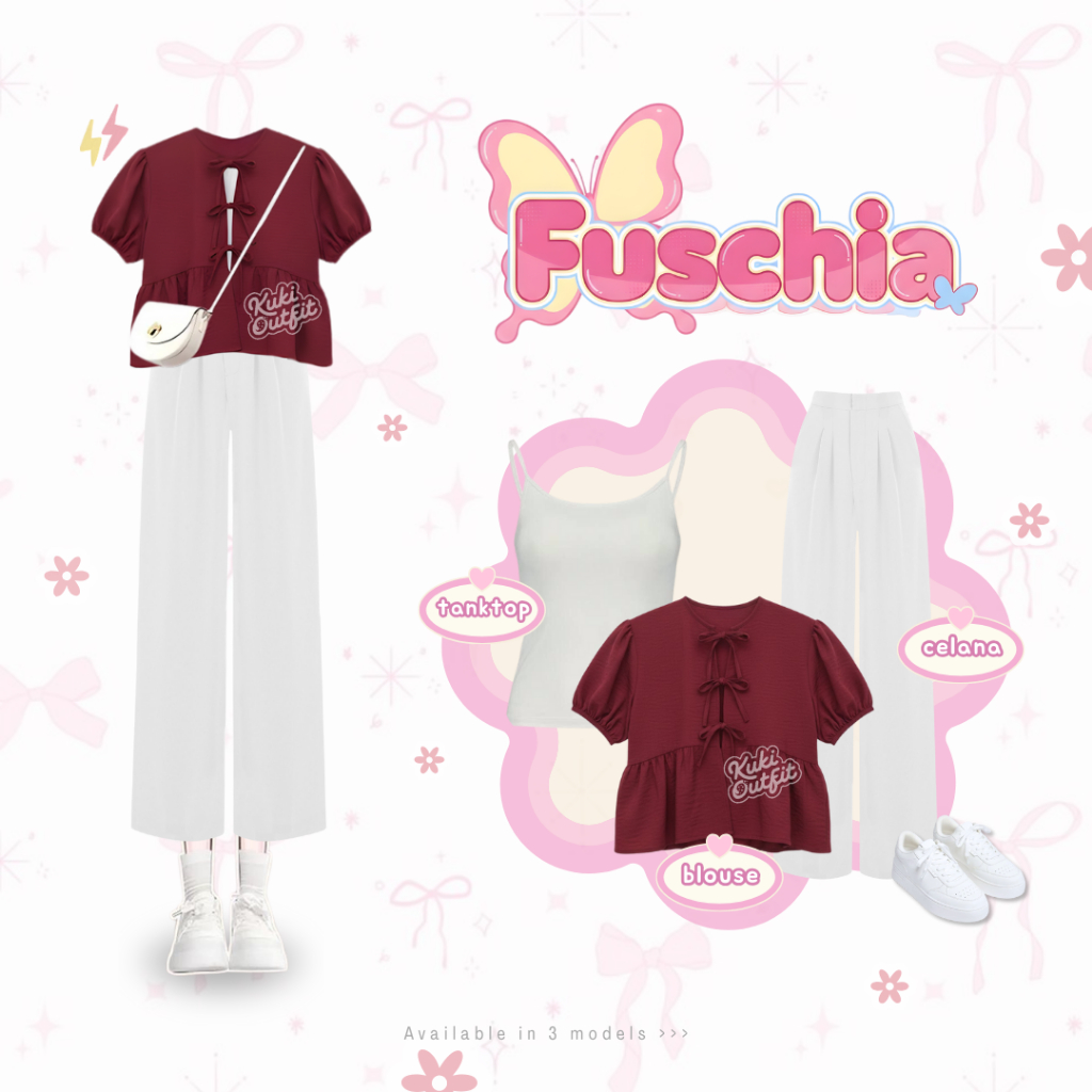 Kuki Outfit - Fuschia One Set Wanita (Blouse, Inner, Celana, Rok) Outfit Natal 2025 Maroon - KA78