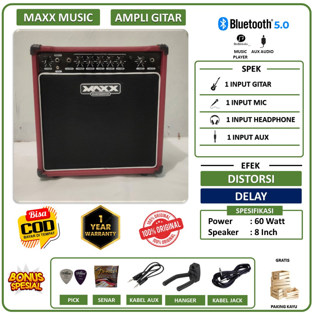 Ampli gitar & bass original 8 inch bluetooth 3 input bisa untuk karaoke efek distorsi delay termurah