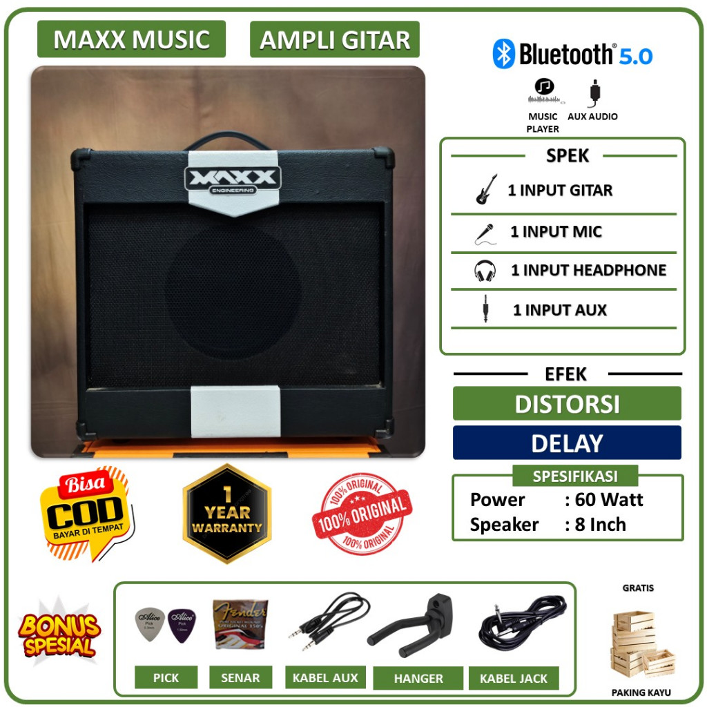 Ampli gitar & bass original 8 inch bluetooth 3 input ada bisa untuk karaoke efek distorsi delay
