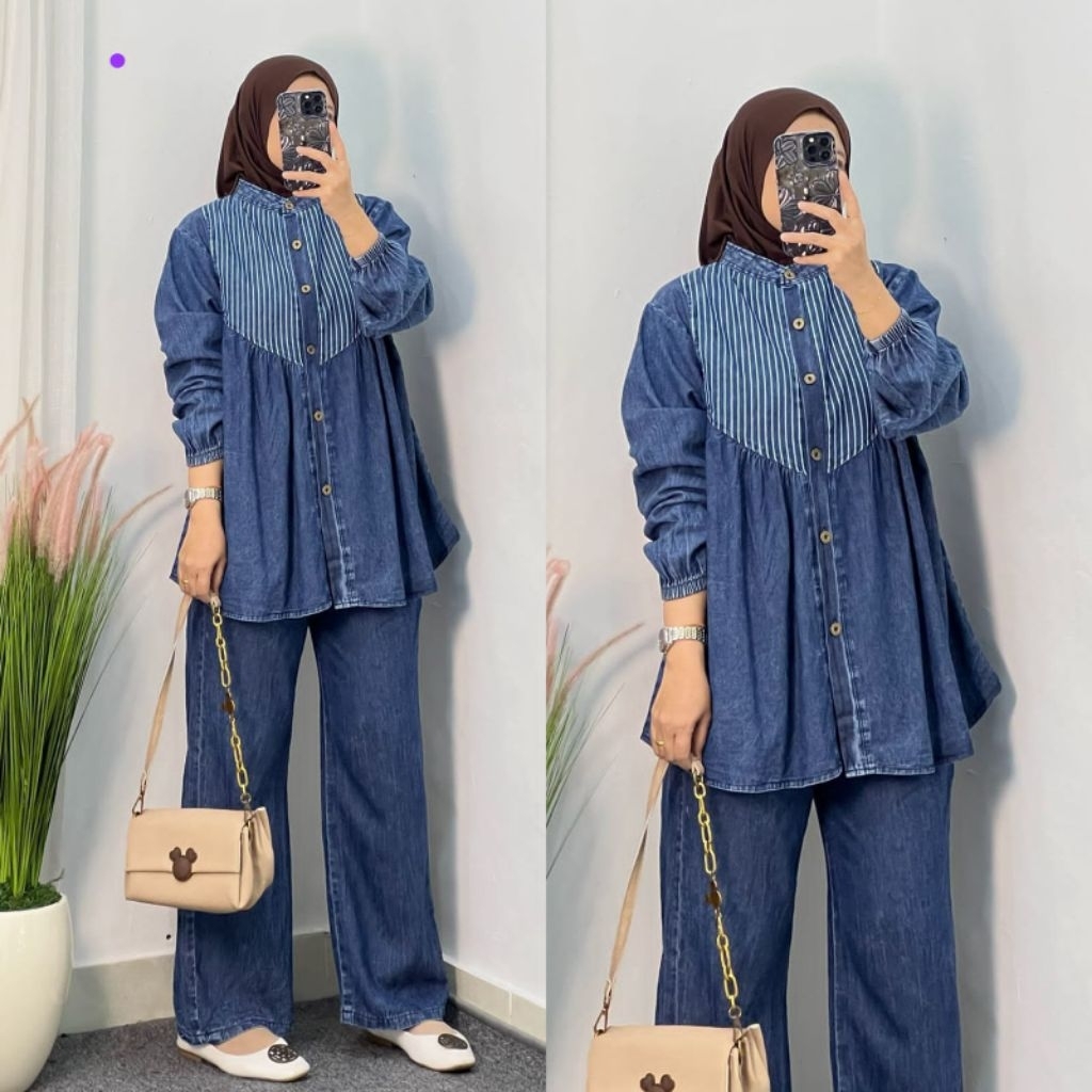 Ola Setelan Celana Jeans Wanita One Set Kekinian Viral