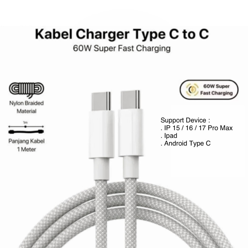 Kabel Data Charger OC Type C To Type C Iphone 15 / 16 / 17 Pro Max Android Type C Fast Charging  Satuan