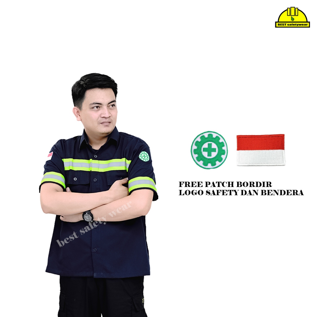 Kemeja safety navy lengan pendek baju safety lengan pendek seragam safety lengan pendek bahan premiu