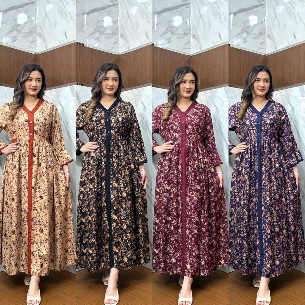 MIDI DRESS RAYON//MIDI LENGAN BALON//HOMEY DRESS RAYON MOTIF BUNGA