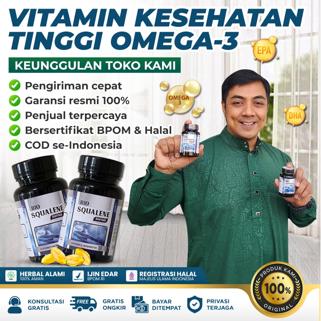 Vitamin Minyak Ikan Omega 3 Bio Squalene Original Official Store Isi 30 Softgel Asli BPOM Halal MUI
