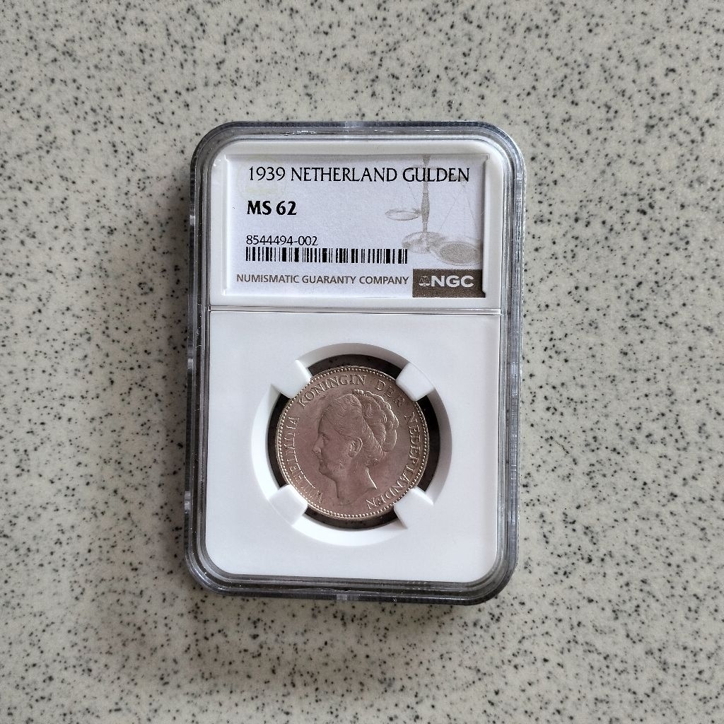 NGC MS 62 Koin Perak 1 Gulden Wilhelmina Netherland 1939 Silver Coin