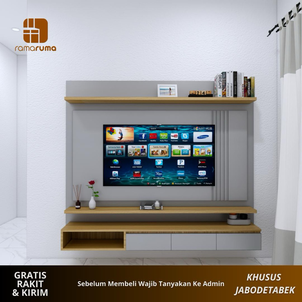 BACKDROP TV DINDING RUANG TAMU - BACKDROP TV MINIMALIS - HPL OMEGA KAYU BLOCKBOARD