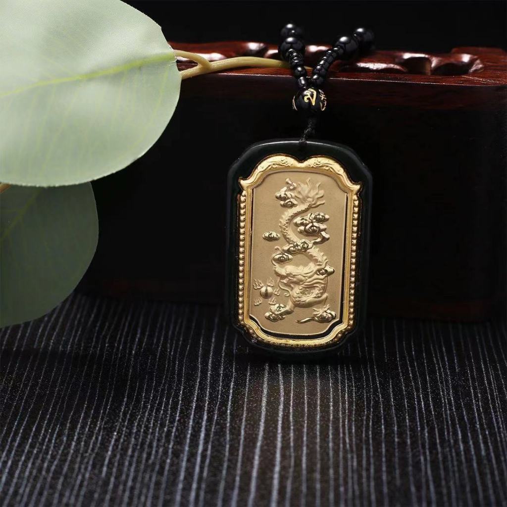 Kalung Hatian Jade Hitam Tahta Gold Plated / Liontin Plat Persegi Batu Hitam Sintetis Motif Buddha M
