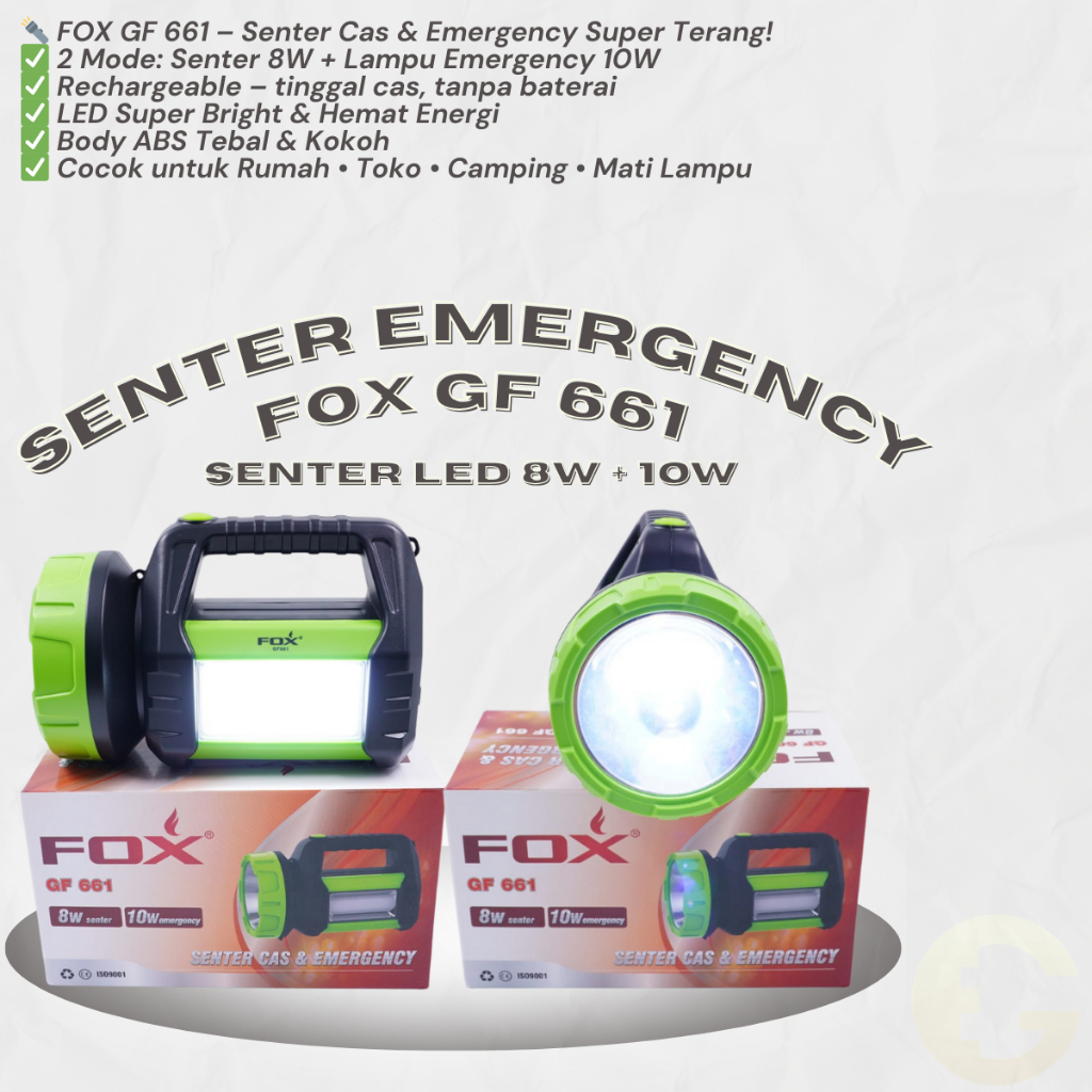 Senter Cas & Emergency FOX GF661 – Senter Lampu Besar Darurat 8W + 10W LED Super Terang Rechargeable