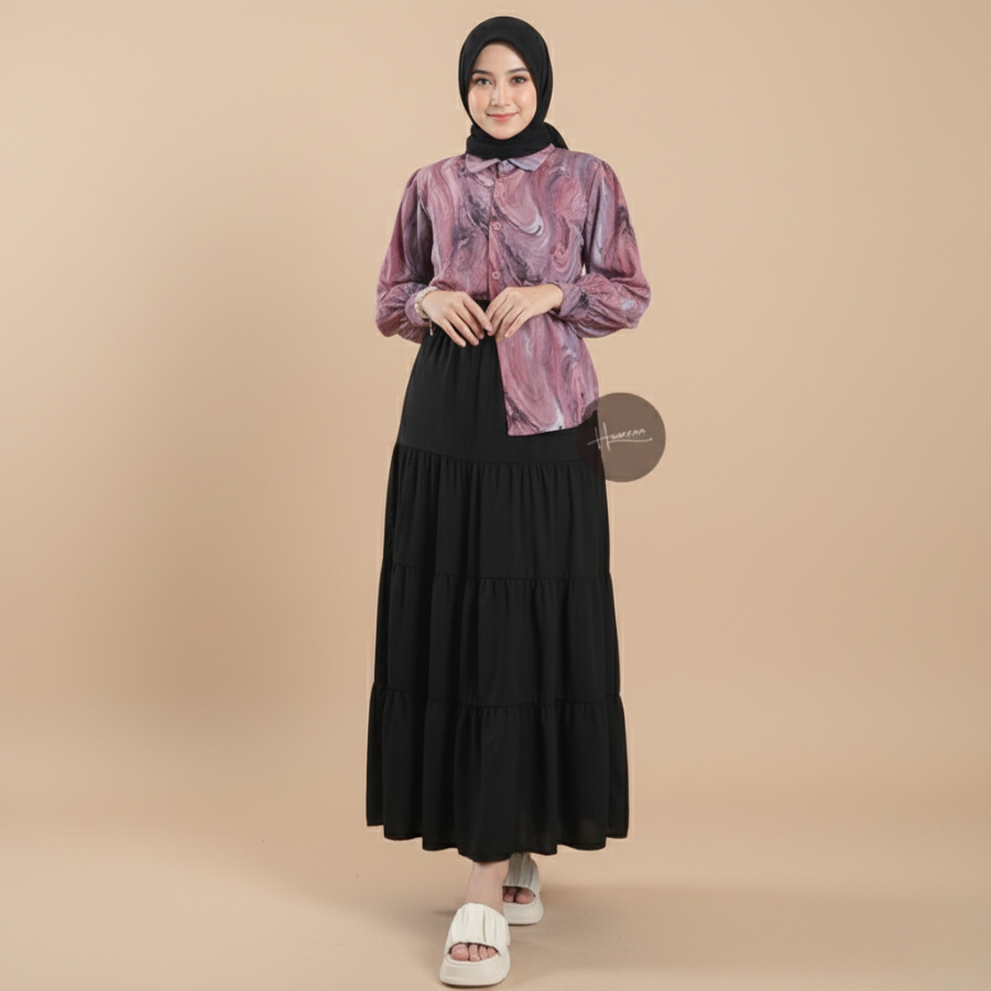 Haseena Rok Polos Susun Alifha Women Skirt Maxi Bawahan Panjang Muslim Wanita All Size