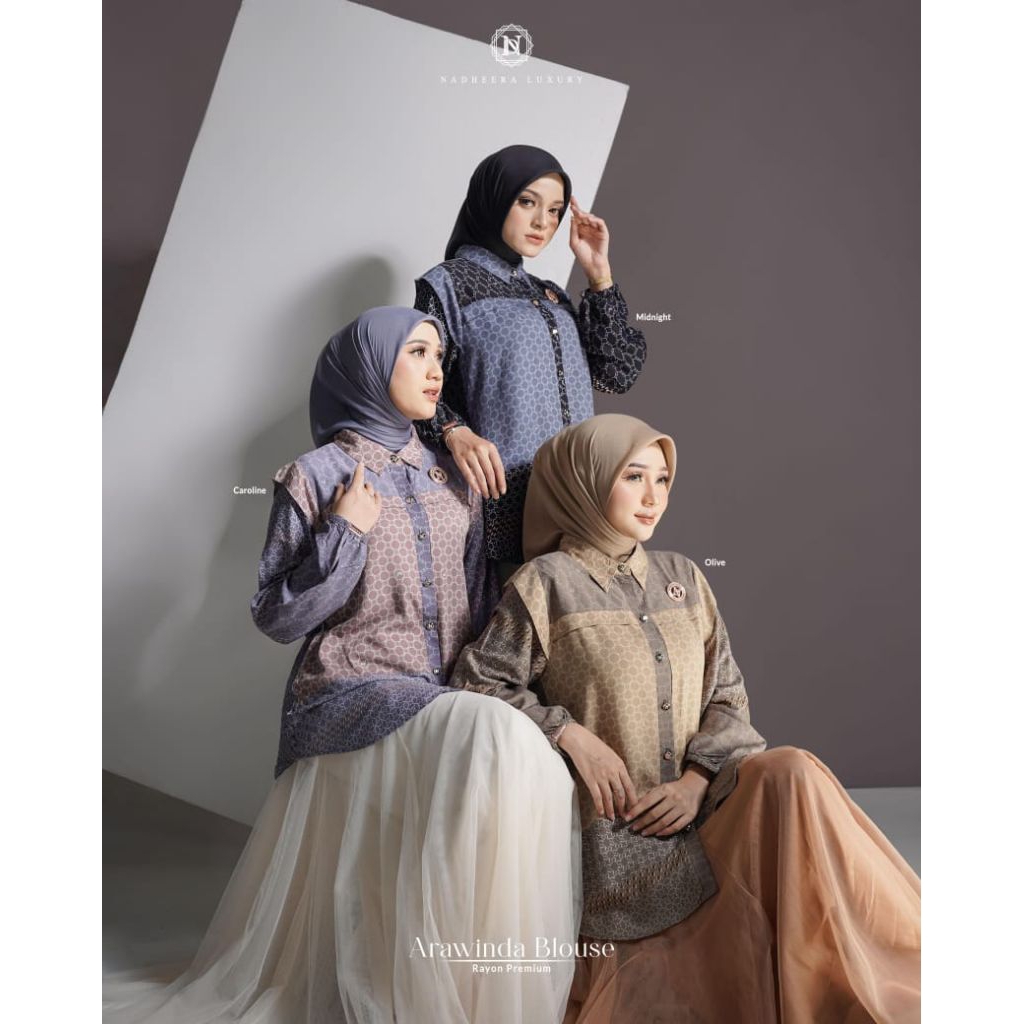 ARAWINDA BLOUSE dan BRUNEE OUTER NADHEERA LUXURY || Atasan Wanita Blouse Kemeja Motif Rayon Premium 