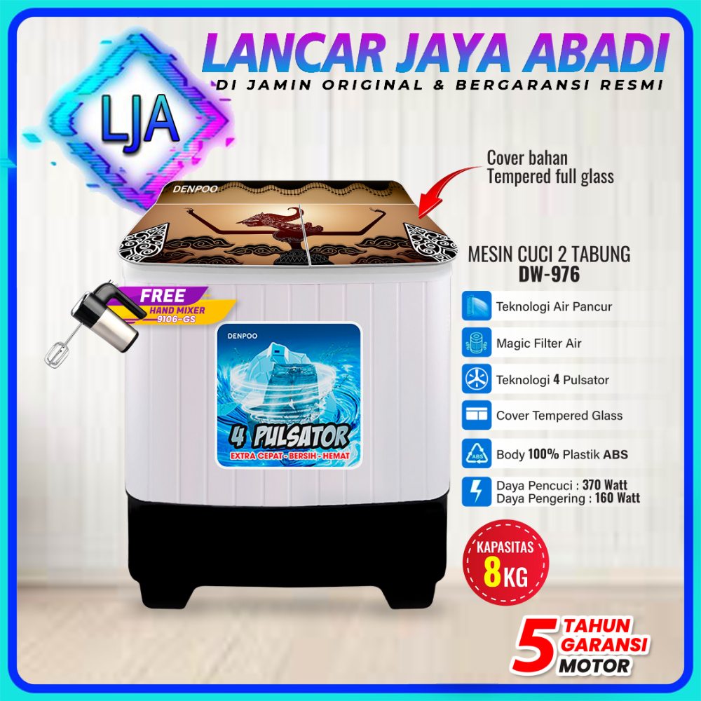 MESIN CUCI Denpoo MESIN CUCI 2 TABUNG  DW 976 8 KG LOW WATT SNI MESIN CUCI DENPOO