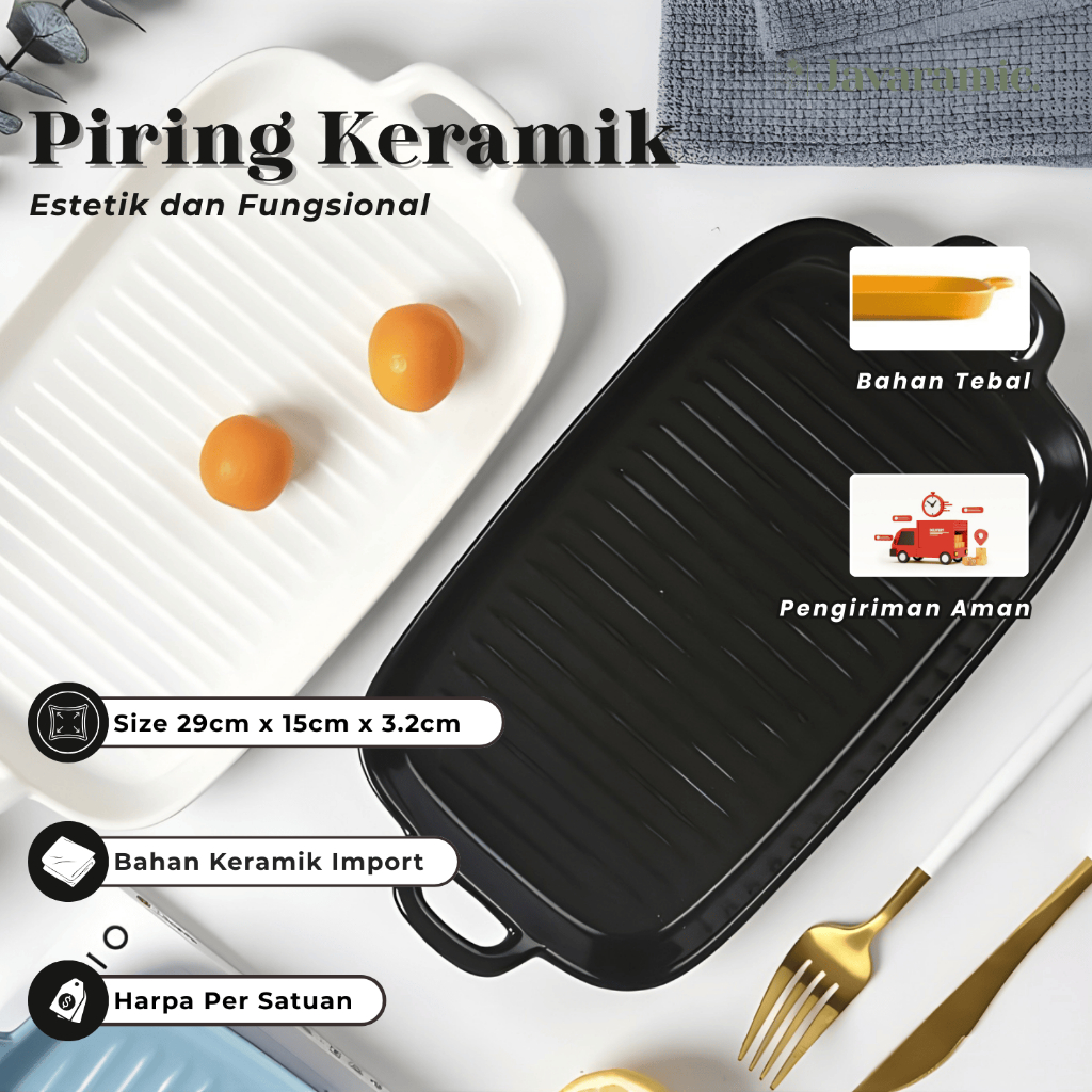 Javaramic Piring Keramik Wadah Saji Nordic Persegi Garis- P009