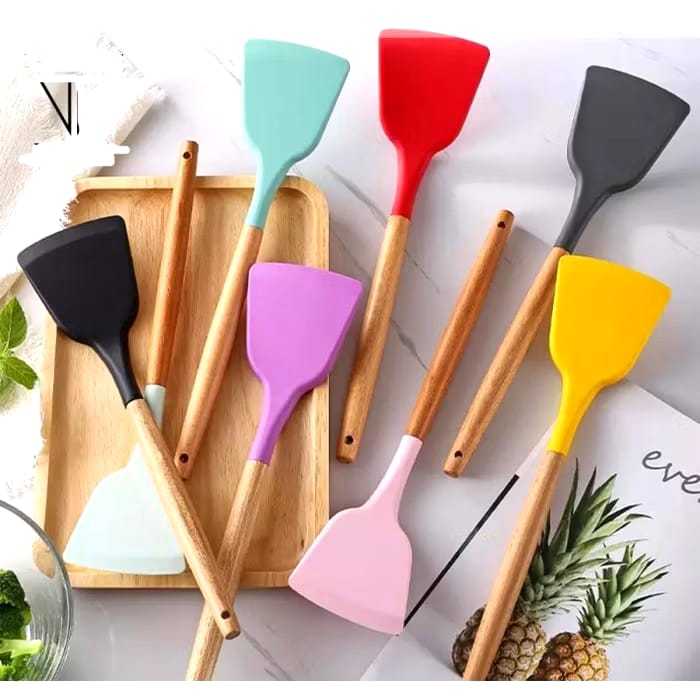 Sutil silikon anti panas gagang kayu/Spatula silicon/Alat masak silikon tahan panas