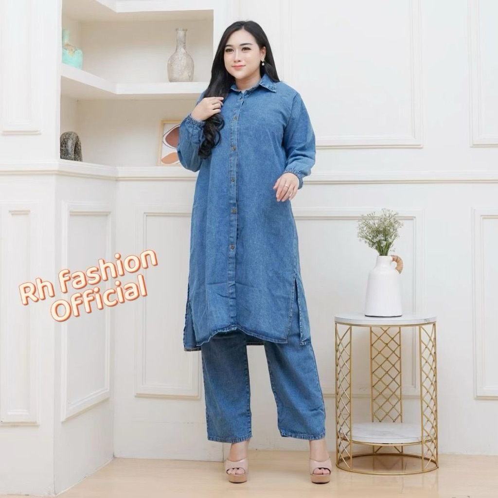 ONE SET JEANS PREMIUM QUALITY DENIM Setelan Jeans Tunik JUMBO Muat bb 100 kg