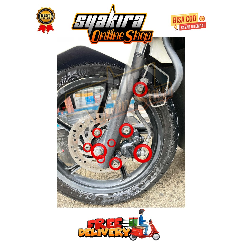 BAUT BREKET + REM + BANJO + AS + DISK KALIPER DEPAN ( 9 BAUT ) BEAT SCOOPY KARBU FI ESP SPACY VARIO 