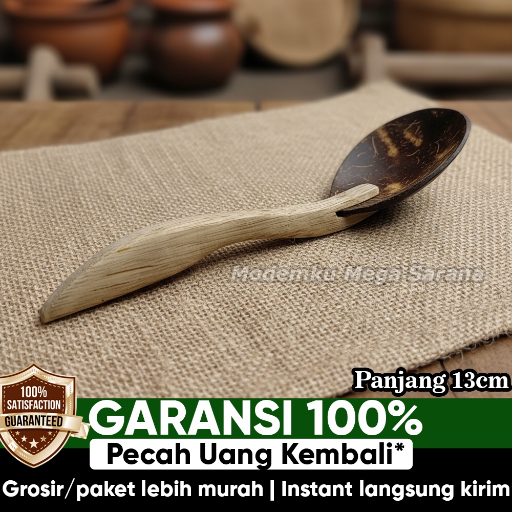Irus Batok Kelapa Gagang Kayu Panjang 13cm - Sendok Sayur Mini Gagang Kayu