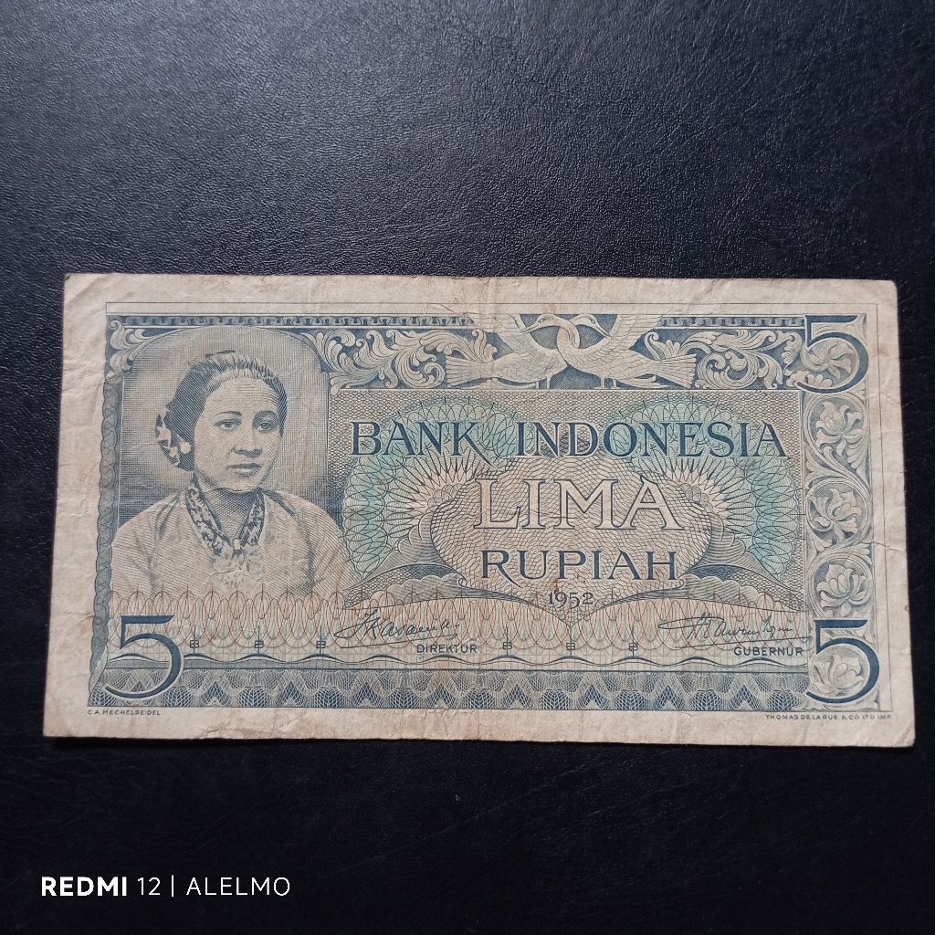 uang kertas 5 rupiah seri budaya ibu kartini tahun 1952 bekas asli