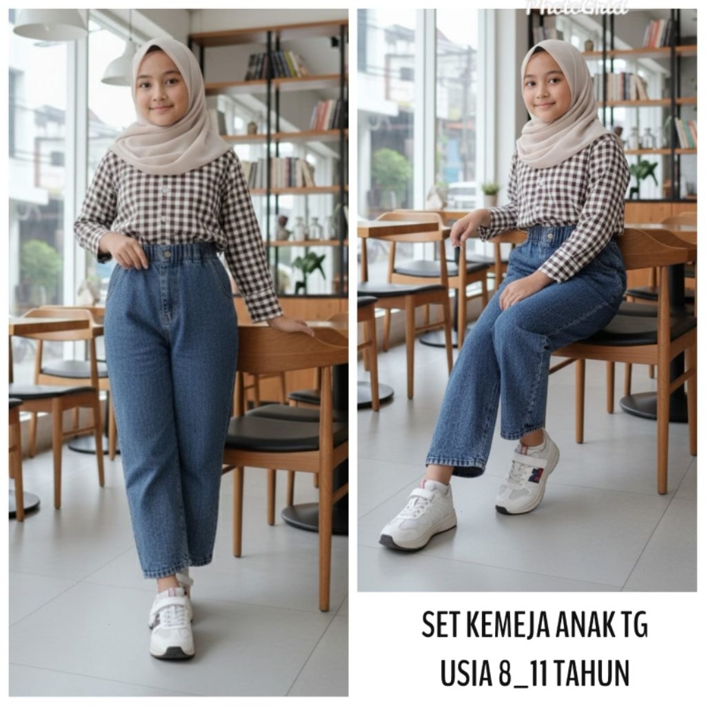 Setelan Kemeja Kotak Dan Bawahan Celana Jeans Kulot Anak Tanggung