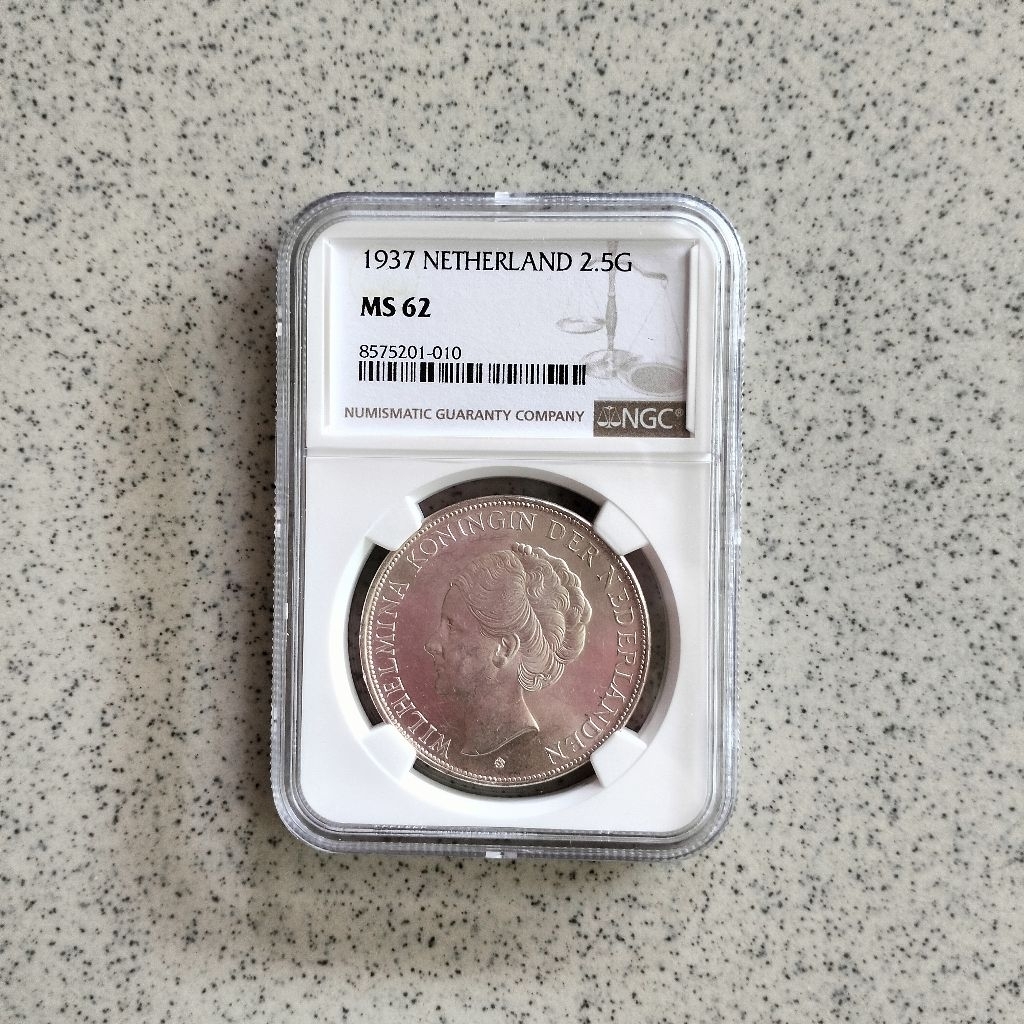 NGC MS 62 Koin Perak 2.5 Gulden Wilhelmina Netherland 1937 Silver Coin