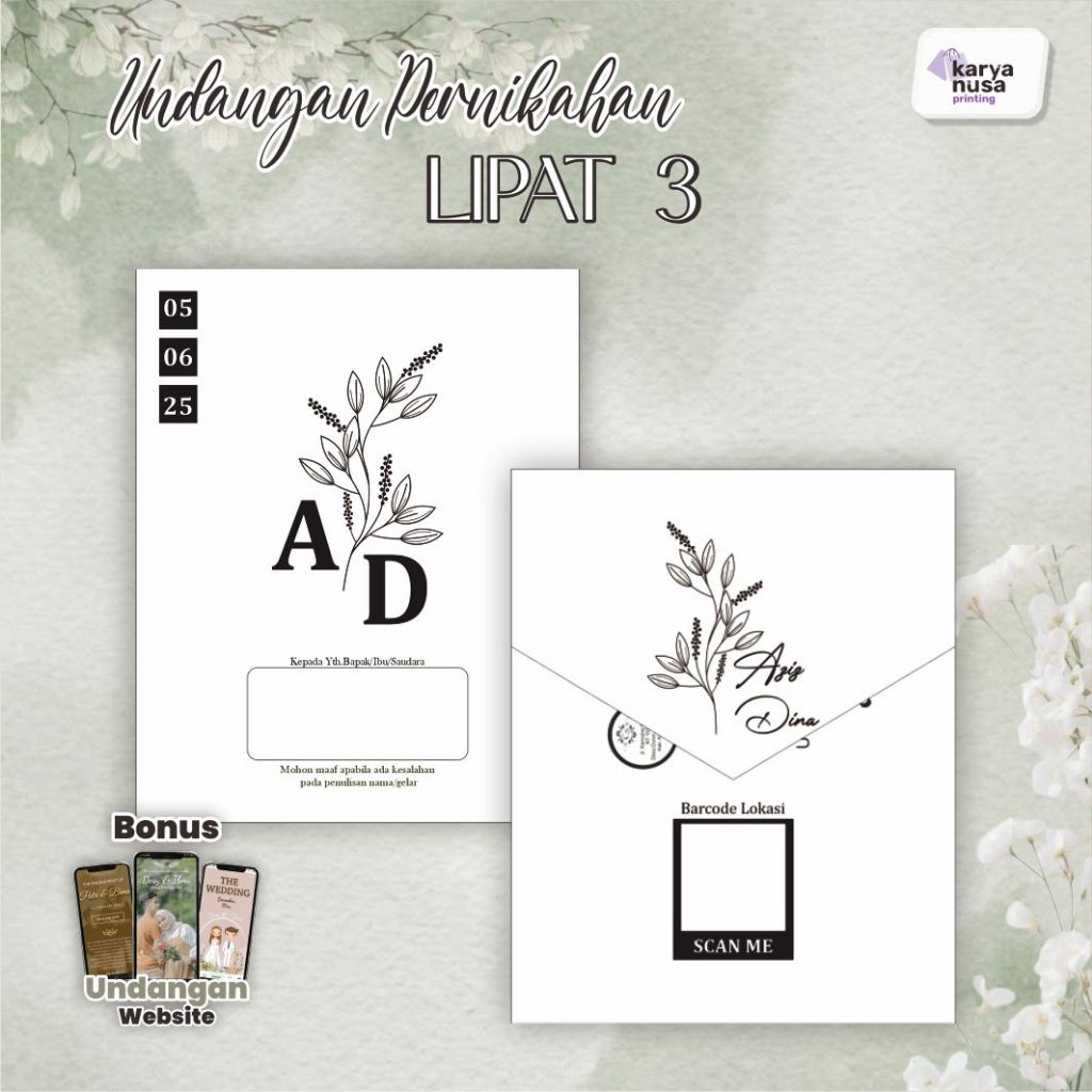 Undangan Pernikahan Lipat 3 BONUS Undangan Web Free Desain Foto Denah Plastik Brief Card 210gsm & 15
