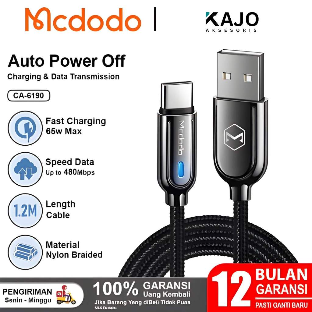 MCDODO Kabel Data USB Type C Turbo Charge, Super Vooc, Fast Charging 65w 5A CA-6190
