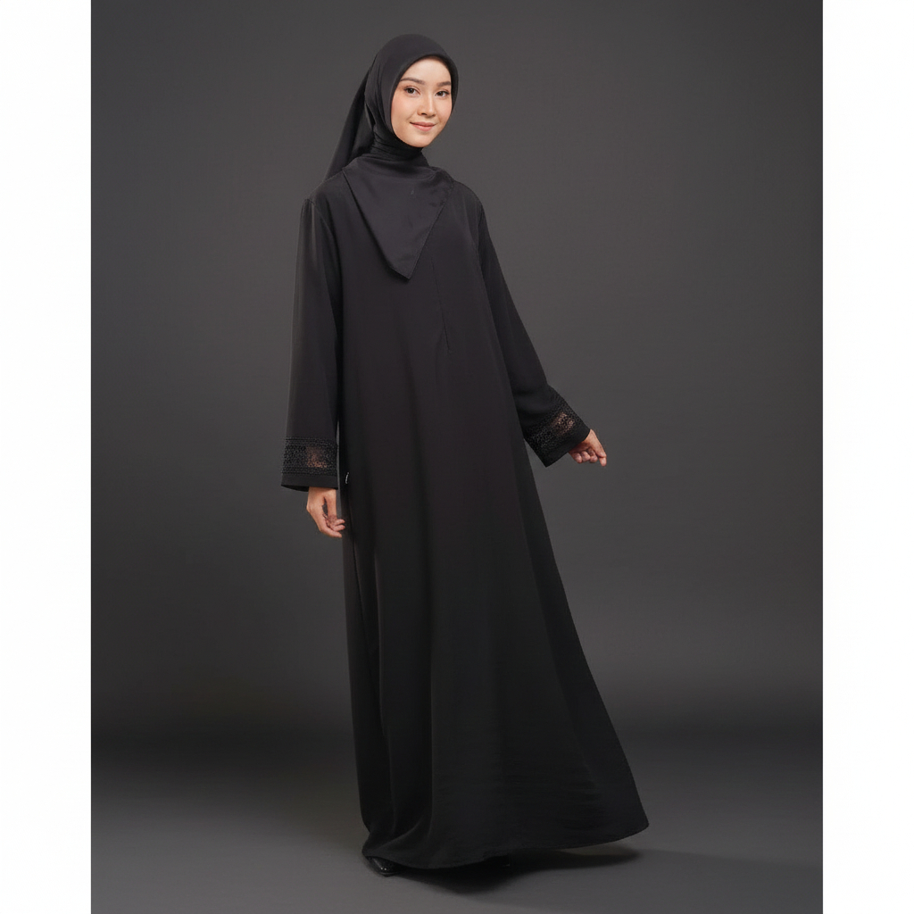 Gamis Hitam Polos Wanita Premium Simple Bordir Elegan
