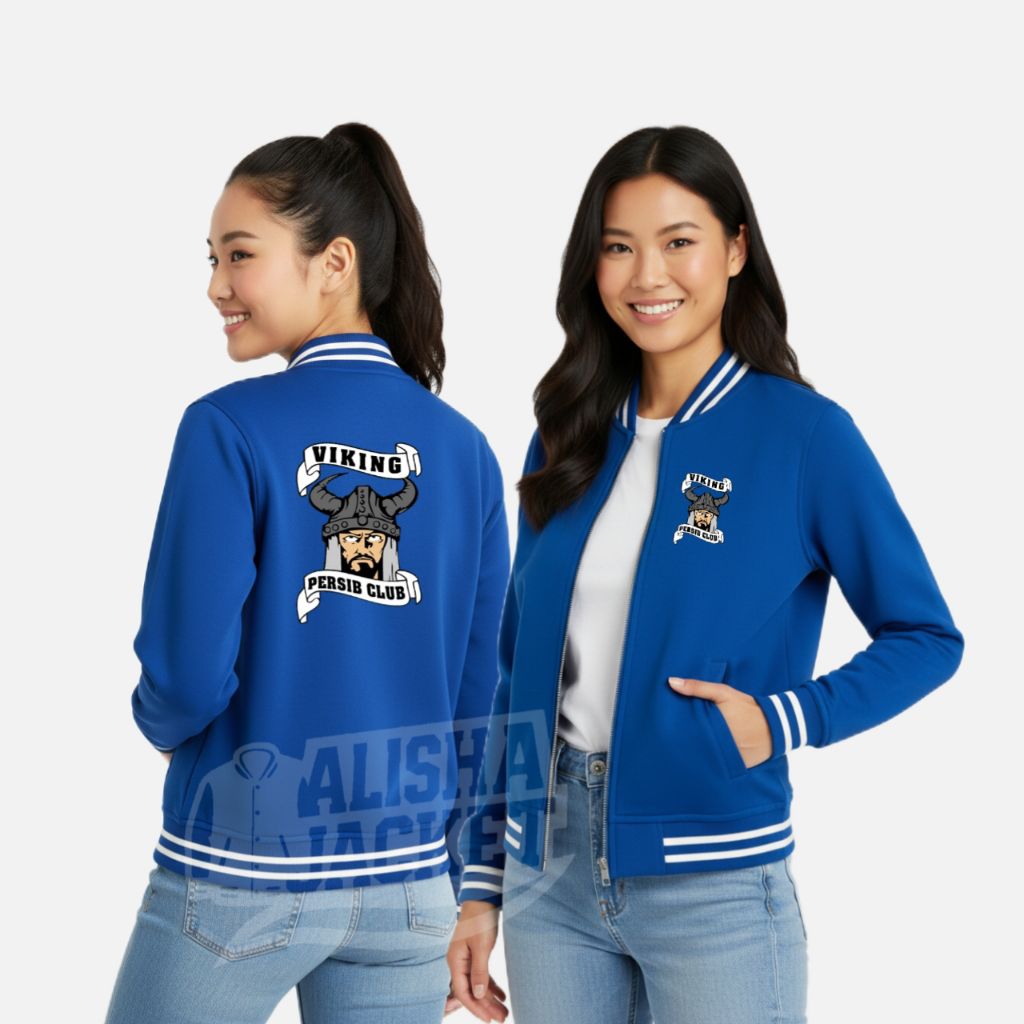Jaket Varsity Biru Viking Persib Sablon Logo Jacket Hoodie Benhur Resleting Fleece Bobotoh Club Pria