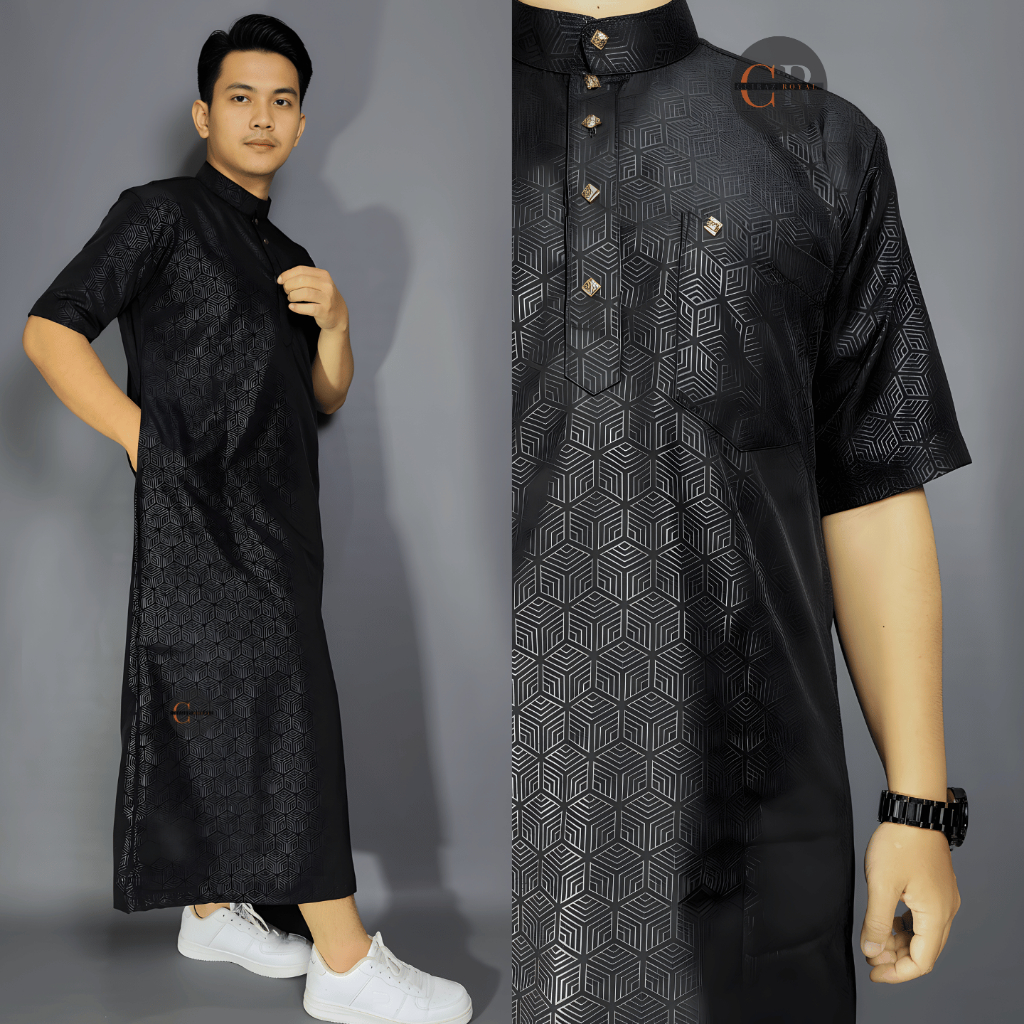 Jubah Gamis Pria Dewasa Lengan Pendek Motif Timbul Embos Katun Premium