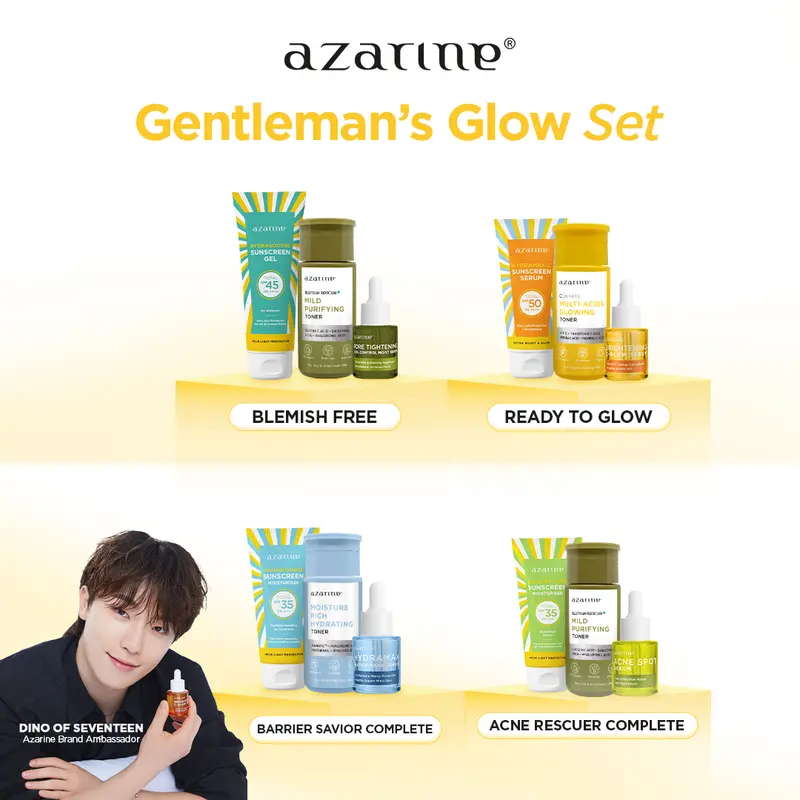 Azarine Gentleman’s Glow Set (Sunscreen + Toner + Serum) Berjerawat Aging Mencerahkan Wajah Hydratin