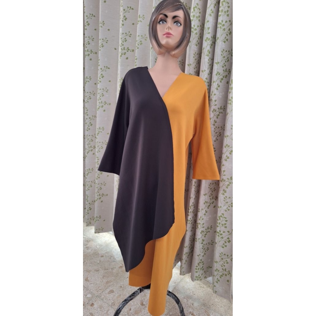 blouse tunik kombinasi lengan panjang hitam kuning kunyit / dress tunik wanita size dewasa