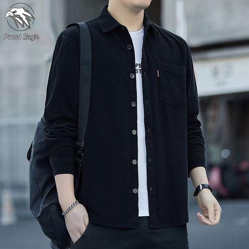 Proud Eagle Coat Pria Lengan Panjang Hitam Model Trendy Dengan Kancing Depan Dan Saku Samping