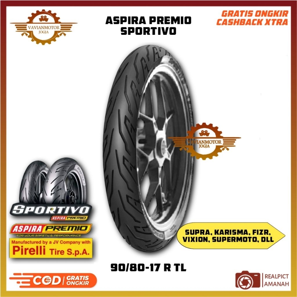 Ban Aspira Premio Sportivo 1 90/80-17 Ring 17 Tubeless – Ban Belakang Motor Bisa untuk Supra, Karism
