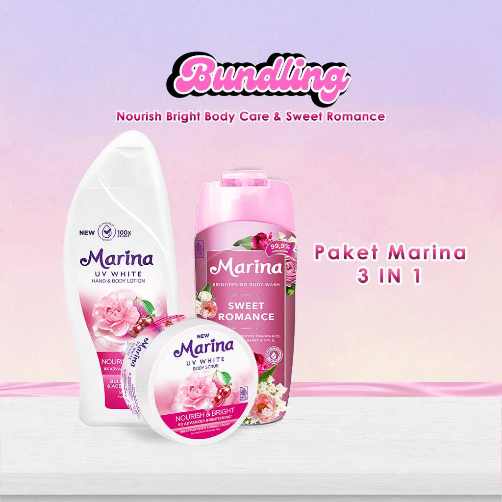 Paket Marina 3 in 1 Nourish Bright & Sweet Romance – Perawatan Tubuh Lengkap Mencerahkan dan Melemba