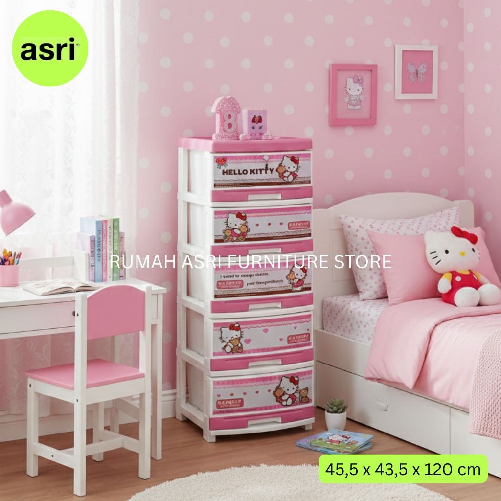 Rak Laci Penyimpanan Plastik Serbaguna Plastik 5 Susun Napolly Motif Pink Hello Kitty