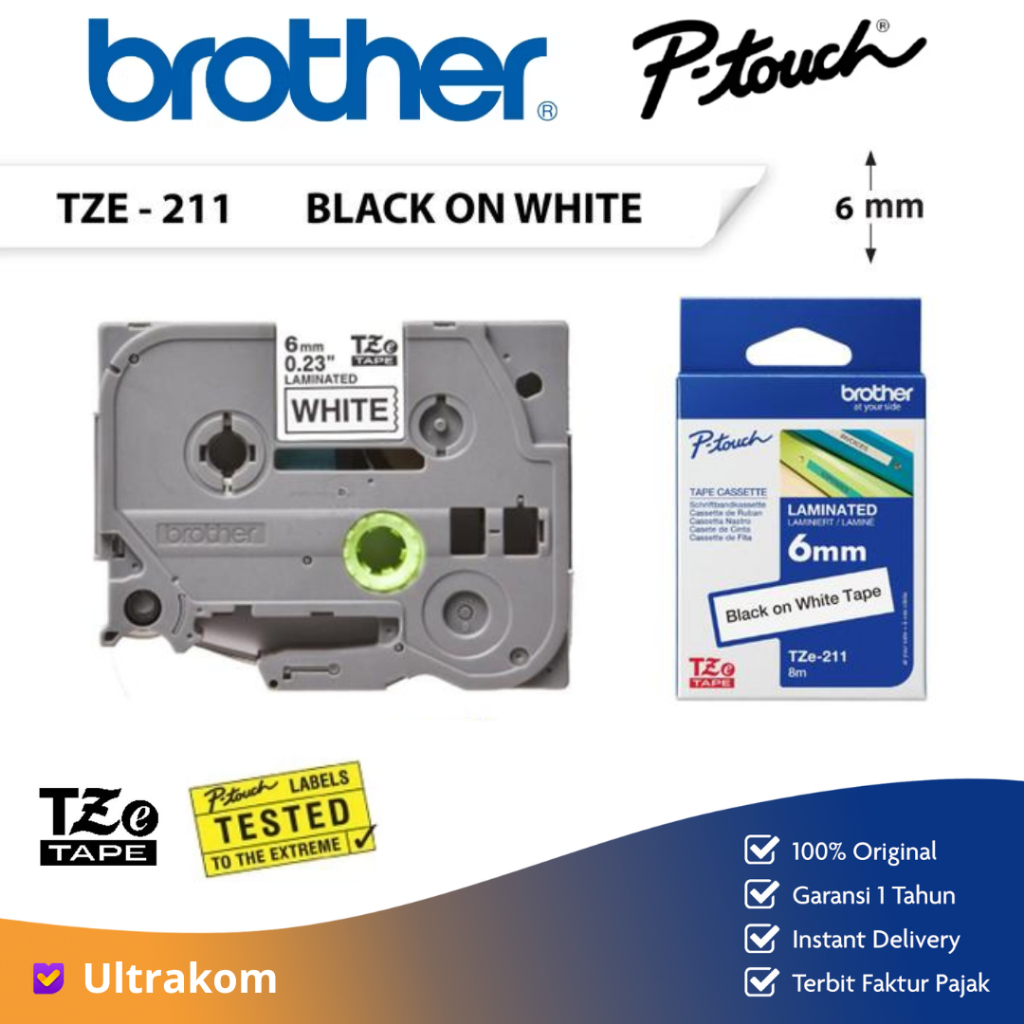 BROTHER Label Tape TZE-211 Laminated 6mm Black On White Label Tape Tze 211 Tze211 Original